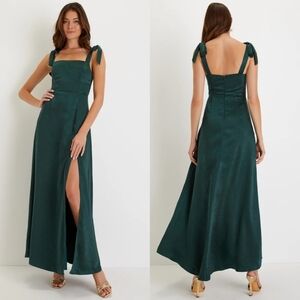 Lulus Made to Be Adored Hunter Green Satin Tie-Strap Maxi Dress Wedding Party